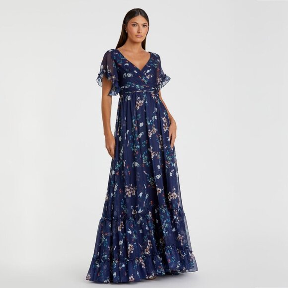 Mac Duggal Dresses & Skirts - NWT Mac Duggal Flounce Sleeve Floral Maxi Dress Navy Multi 8 #8527